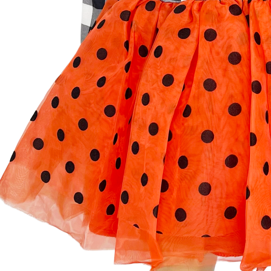 Girls Halloween Dress with Black Cat and Orange & Black Polka Dot Tulle