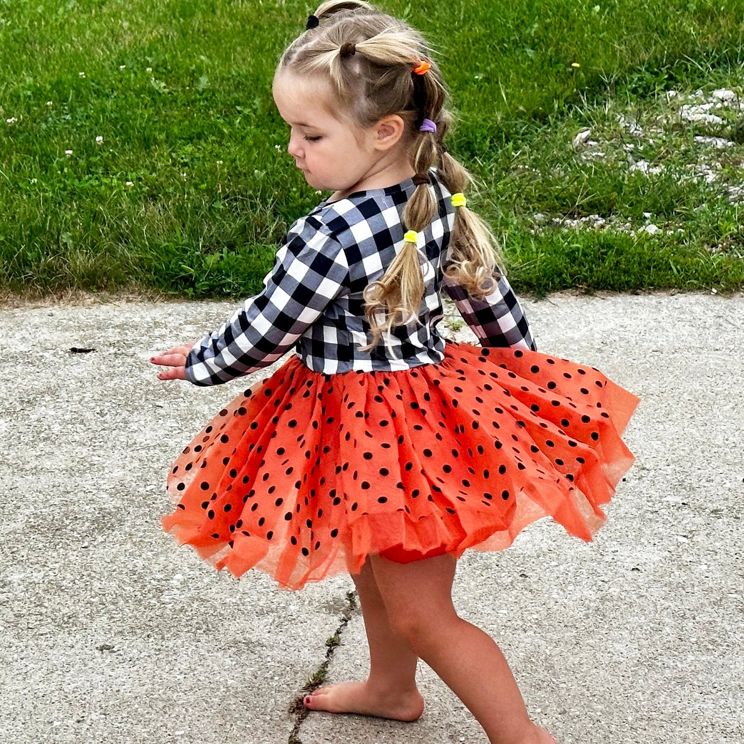 Girls Halloween Dress with Black Cat and Orange & Black Polka Dot Tulle