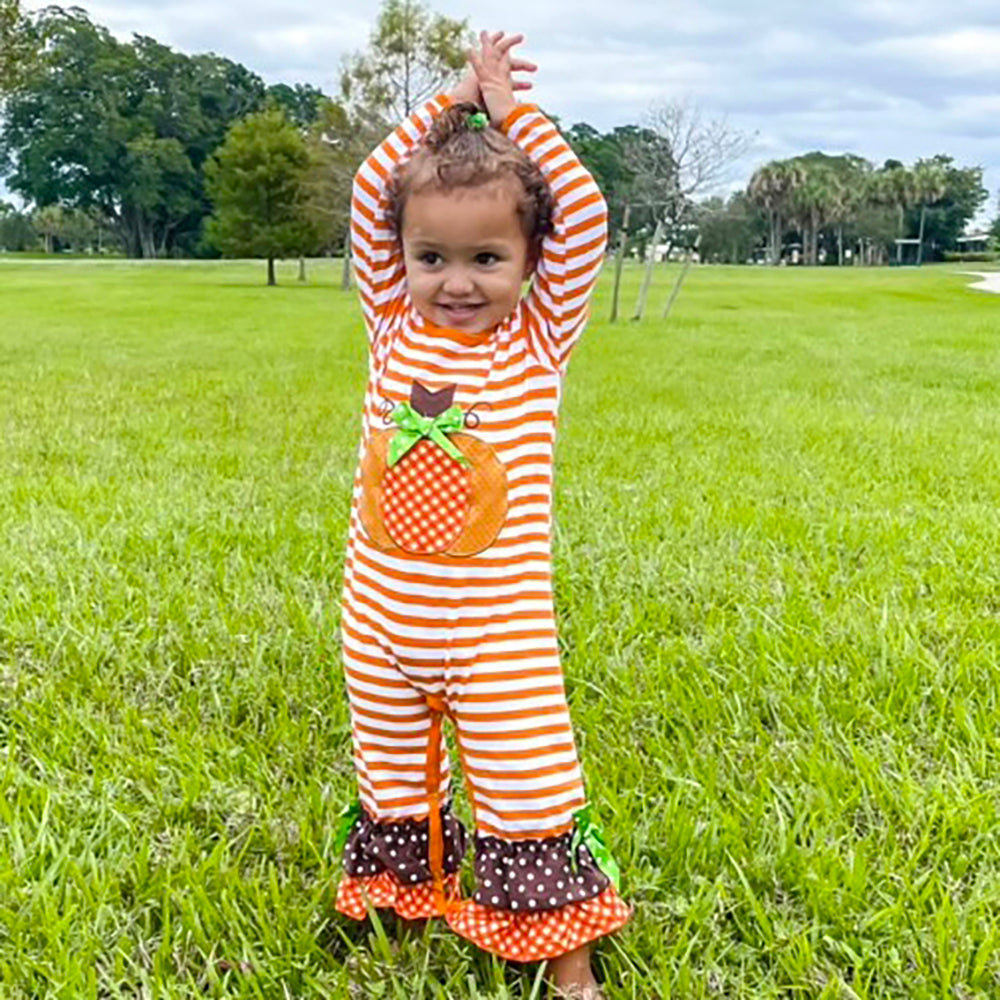 Baby Girls Autumn Holiday Orange Striped Pumpkin Romper