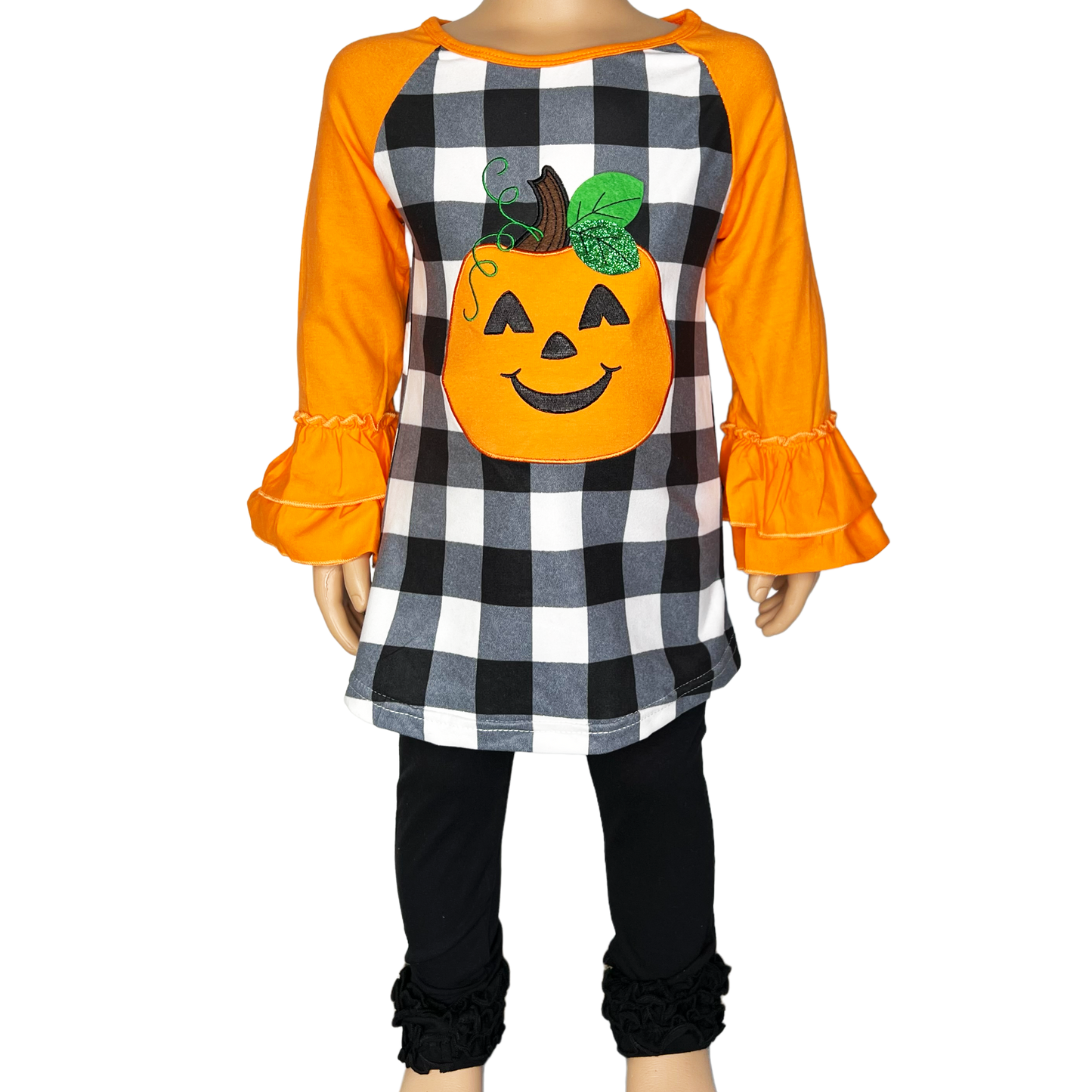 Girls Halloween Autumn Orange Pumpkin Jack O Lantern Top Ruffle Shirt