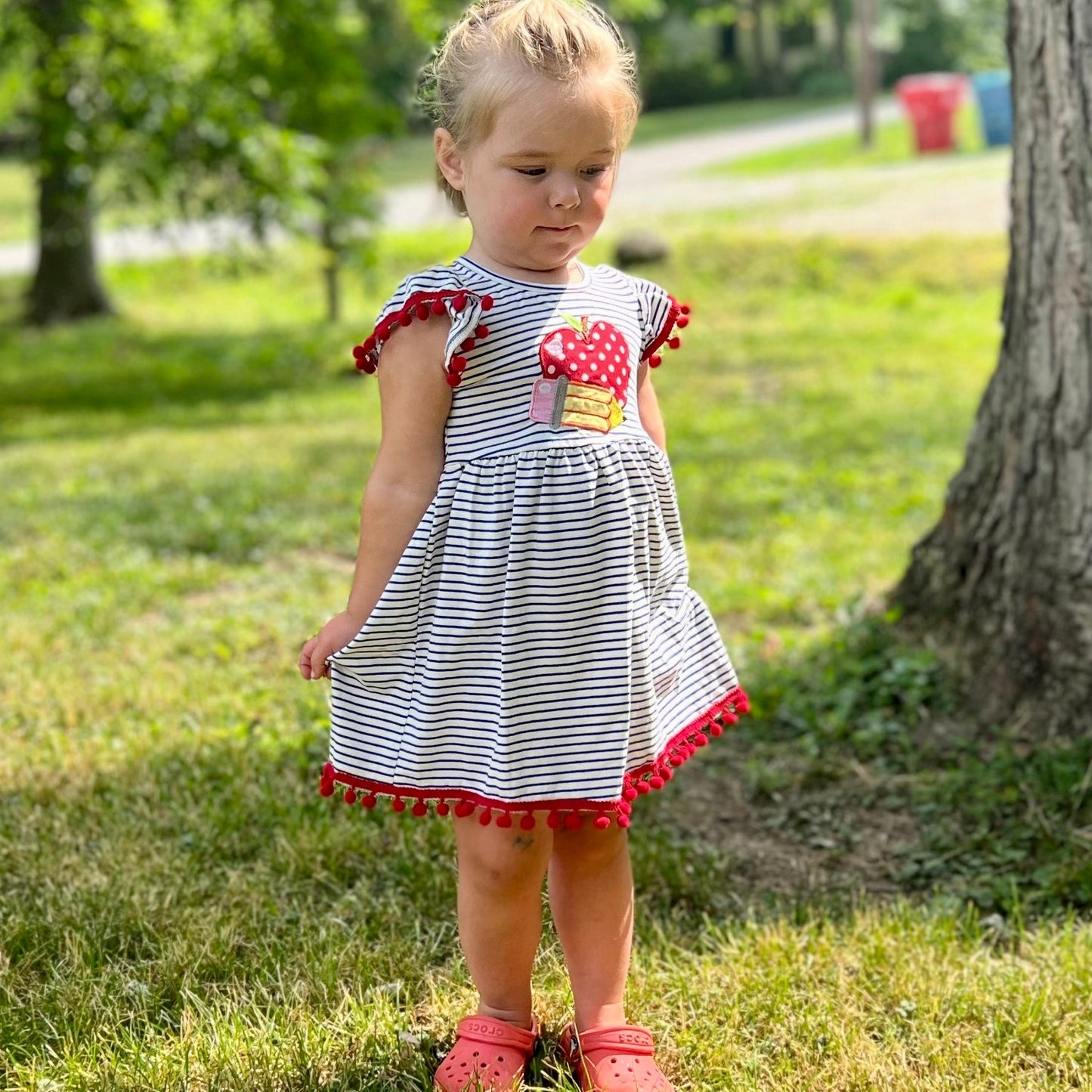 Girls Back to School Dress with Apple and Pencil applique