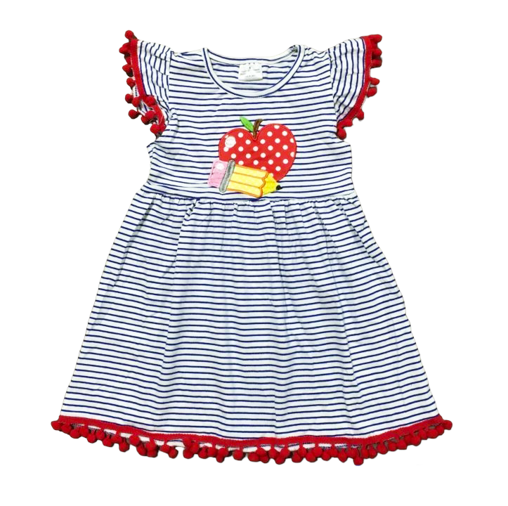Girls Back to School Dress with Apple and Pencil applique