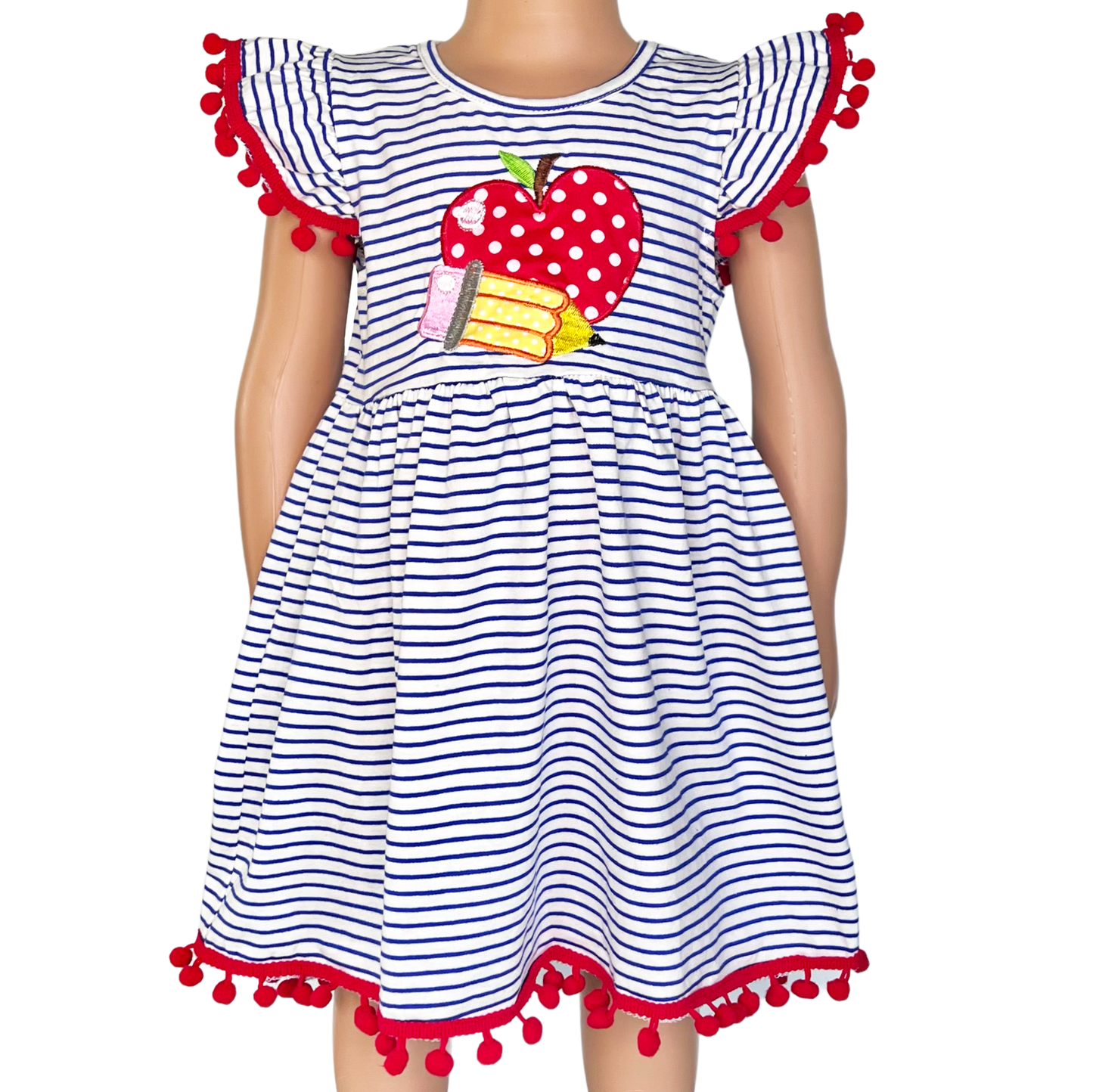 Girls Back to School Dress with Apple and Pencil applique