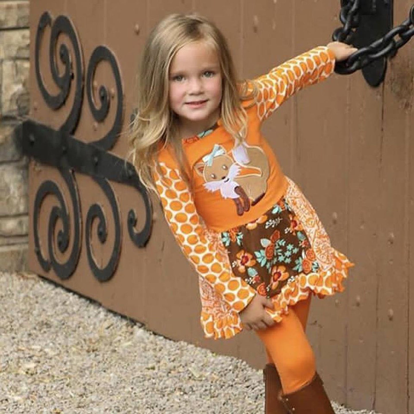 AnnLoren Big Little Girls Fall Foxy Floral Forest Friends Dress & Leggings