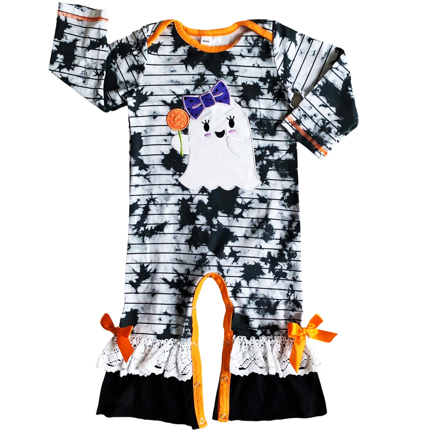 AnnLoren Baby Toddler Girls Black Tie Dye Adorable Ghost Halloween Romper