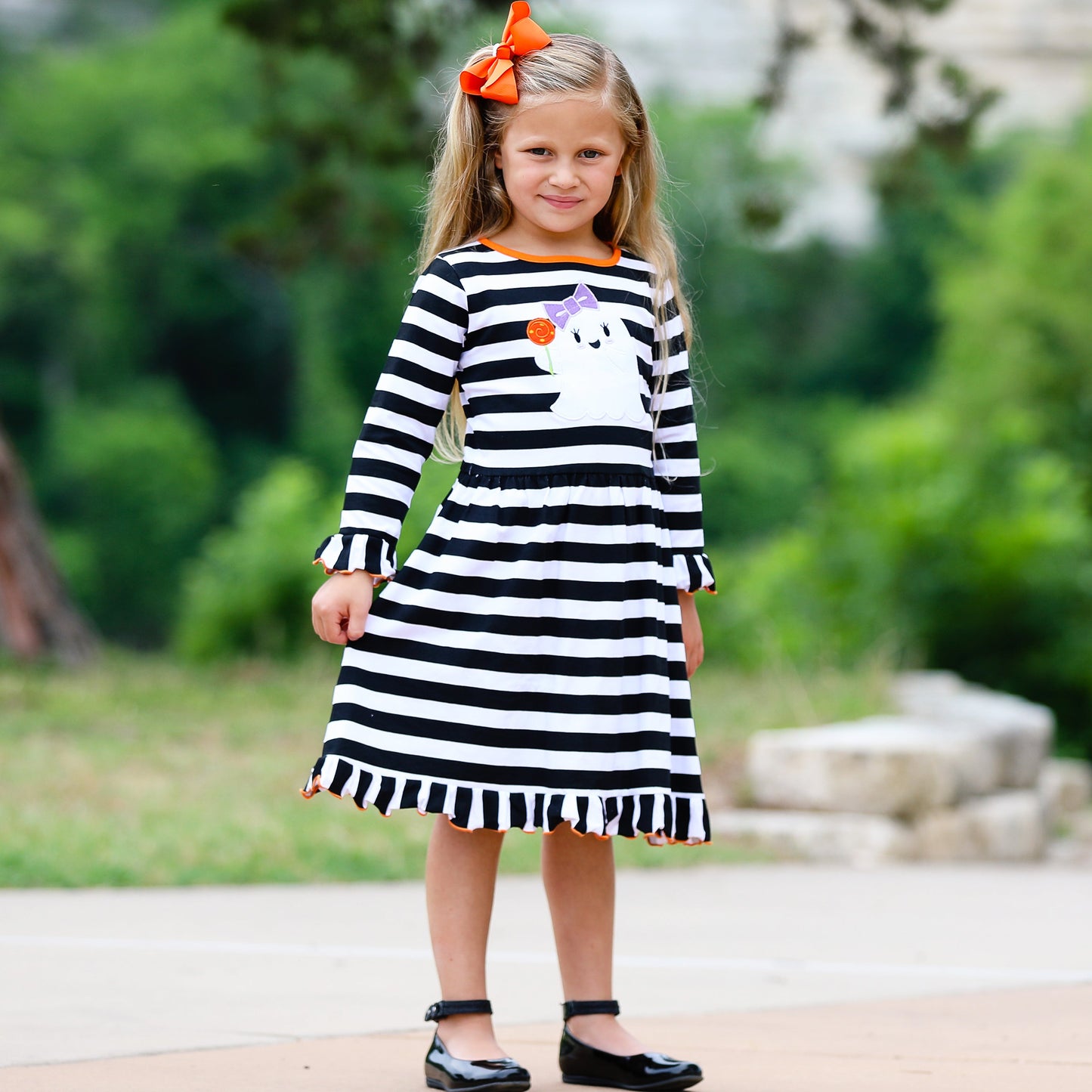 AnnLoren Girls Boutique Friendly Ghost Striped Halloween Cotton Dress