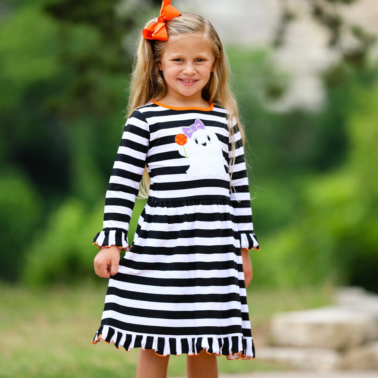 AnnLoren Girls Boutique Friendly Ghost Striped Halloween Cotton Dress