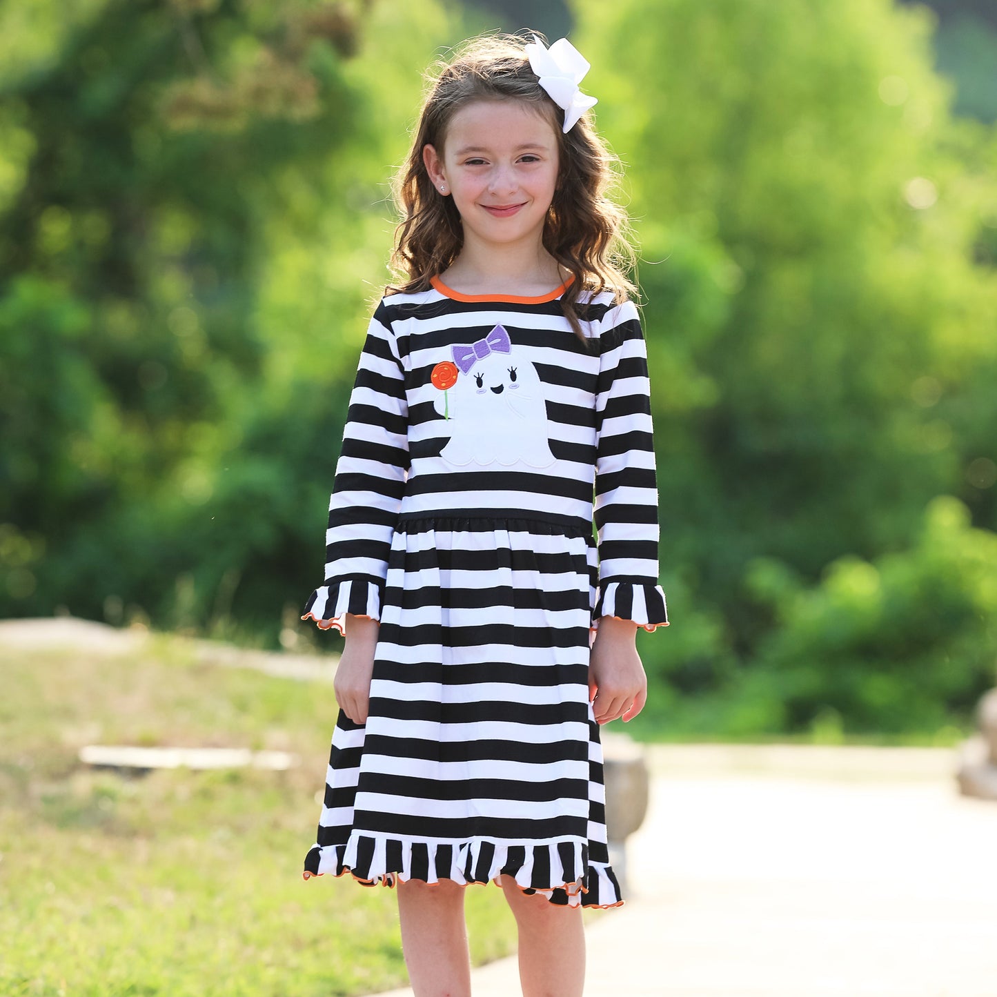 AnnLoren Girls Boutique Friendly Ghost Striped Halloween Cotton Dress