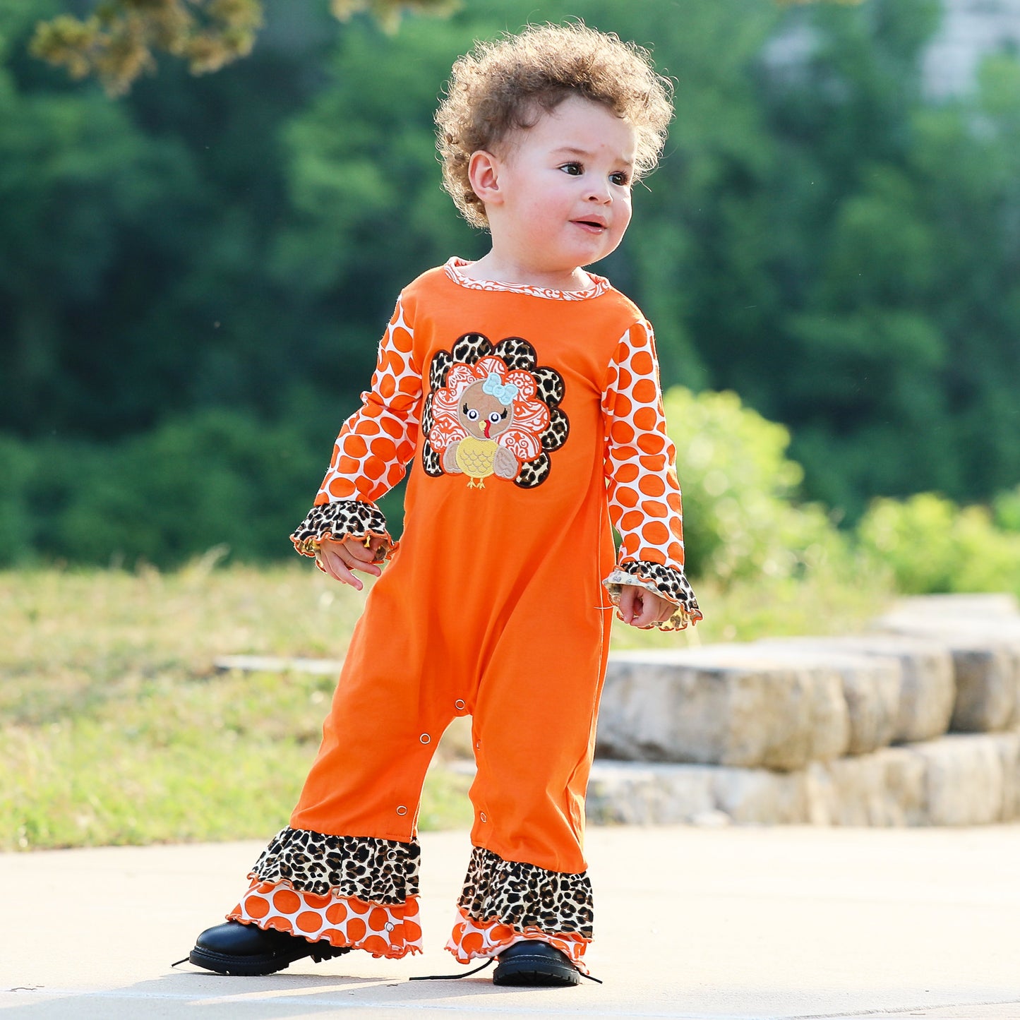 AnnLoren Baby Girls Orange Turkey Thanksgiving Autumn Holiday Cotton Romper