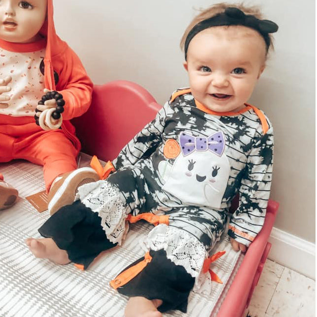 AnnLoren Baby Toddler Girls Black Tie Dye Adorable Ghost Halloween Romper