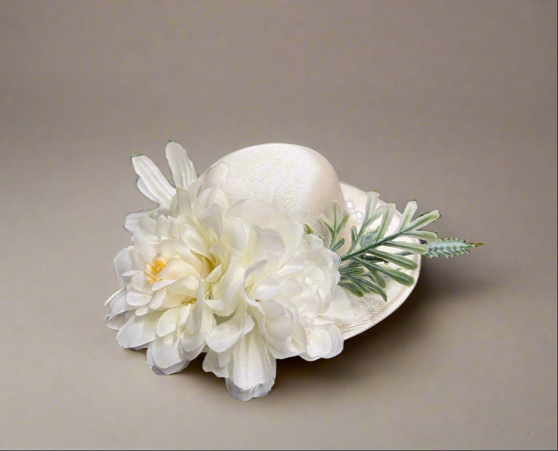 Ivory Calla Collection hair clip with pearls and small fabric flowers, a stylish fascinator accessory for elegant occasions.