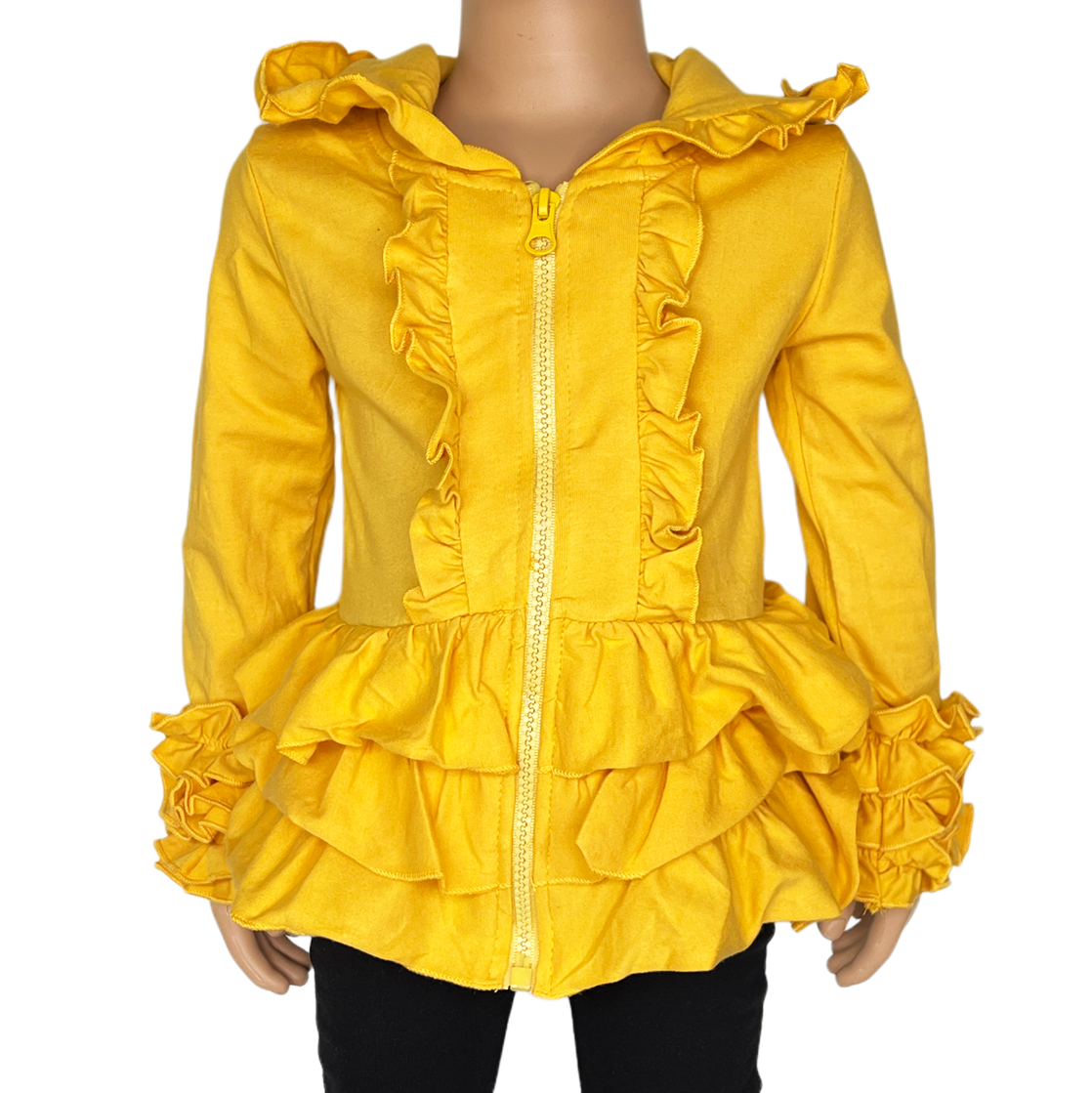Girls Mustard Yellow Ruffle Hoodie Zipper Jacket Camp School