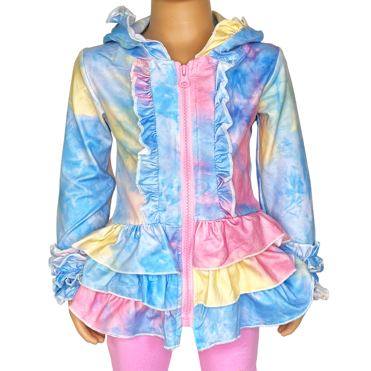 Girls Tie Dye Pink Blue Yellow Ruffle Hoodie Zipper Jacket sz 3