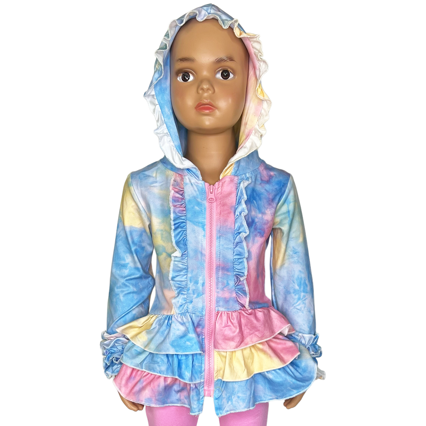 Girls Tie Dye Pink Blue Yellow Ruffle Hoodie Zipper Jacket sz 3