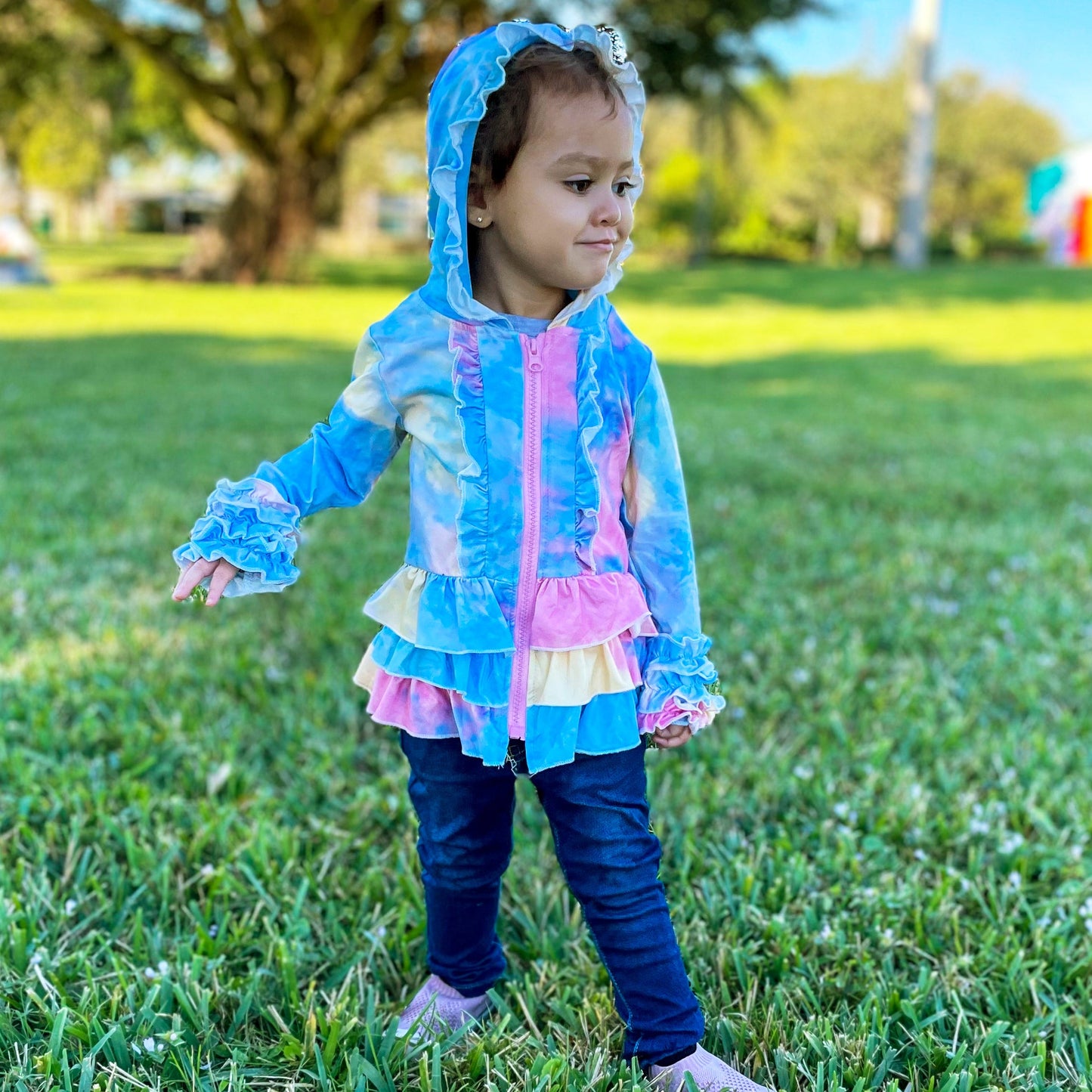 Girls Tie Dye Pink Blue Yellow Ruffle Hoodie Zipper Jacket sz 3