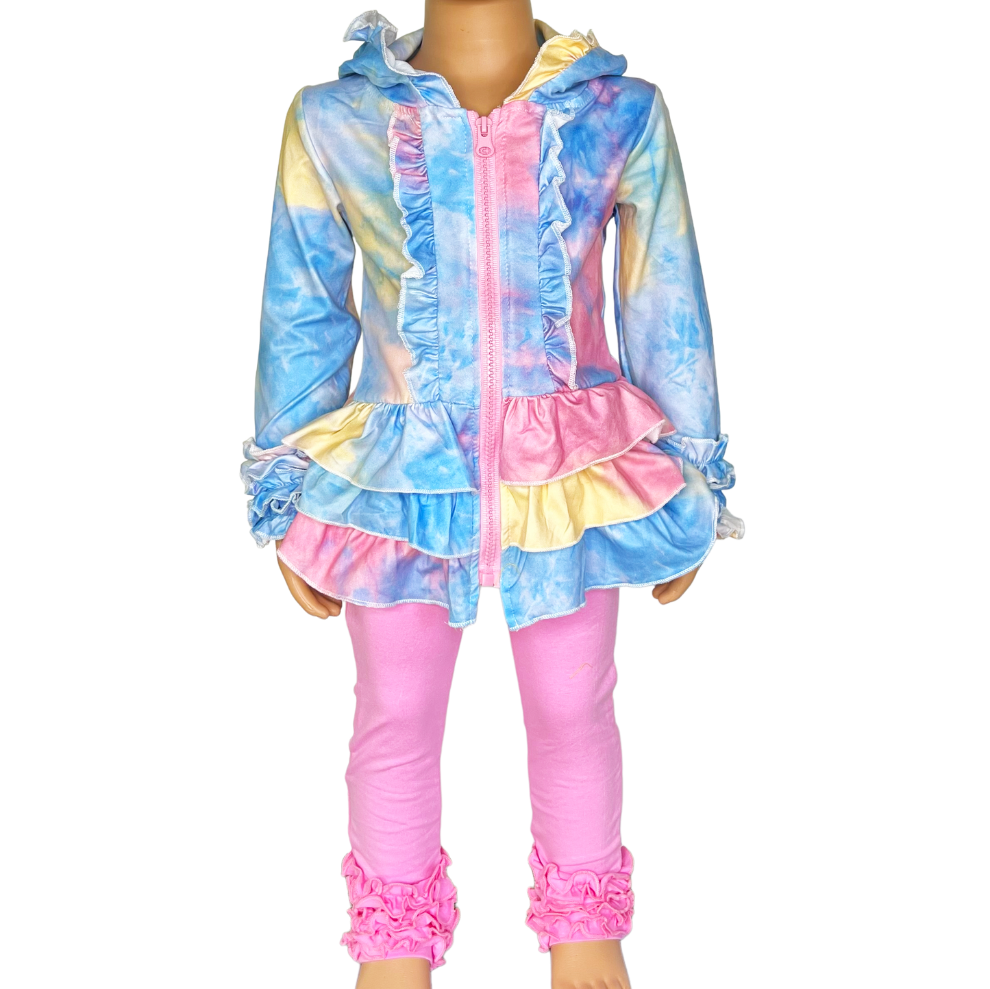 Girls Tie Dye Pink Blue Yellow Ruffle Hoodie Zipper Jacket sz 3