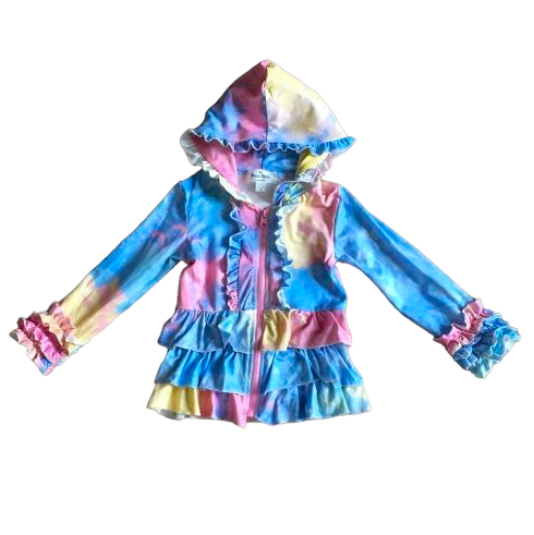 Girls Tie Dye Pink Blue Yellow Ruffle Hoodie Zipper Jacket sz 3