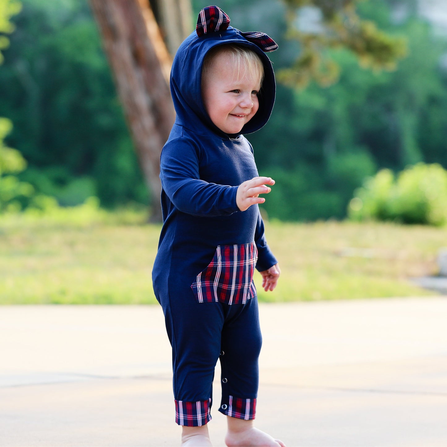 AnnLoren Girls Long Sleeve Teddy Bear Blue Plaid Baby Toddler Romper Hoodie One Piece