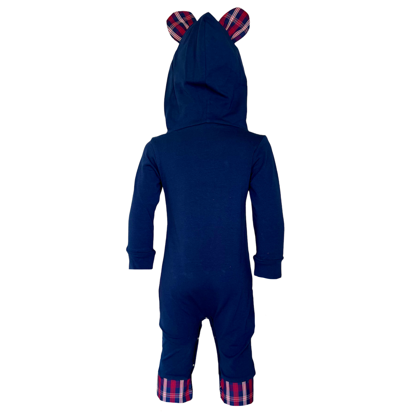 AnnLoren Girls Long Sleeve Teddy Bear Blue Plaid Baby Toddler Romper Hoodie One Piece