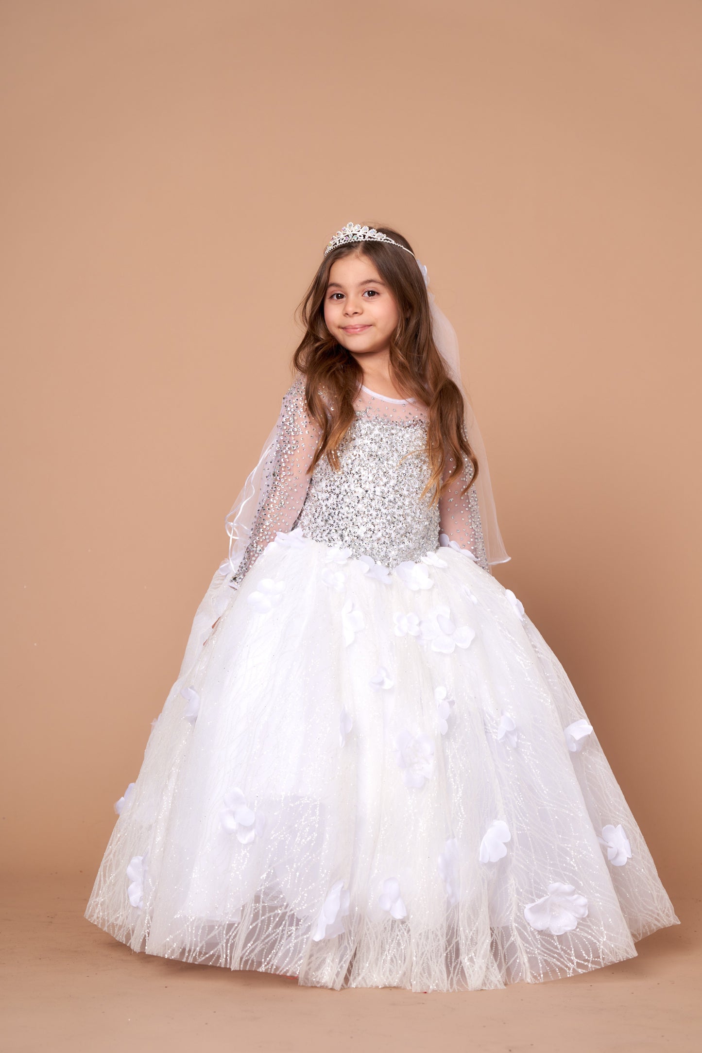 Deep sweeping full-length ball gown profile and clean luxurious edge finishing on the Calla Collection KY-231 youth apparel