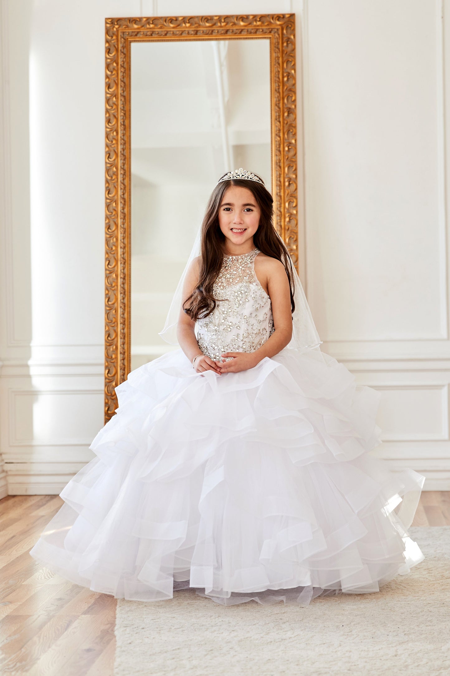 White Calla Collection KY-217 flower girl dress with high neck beaded bodice.