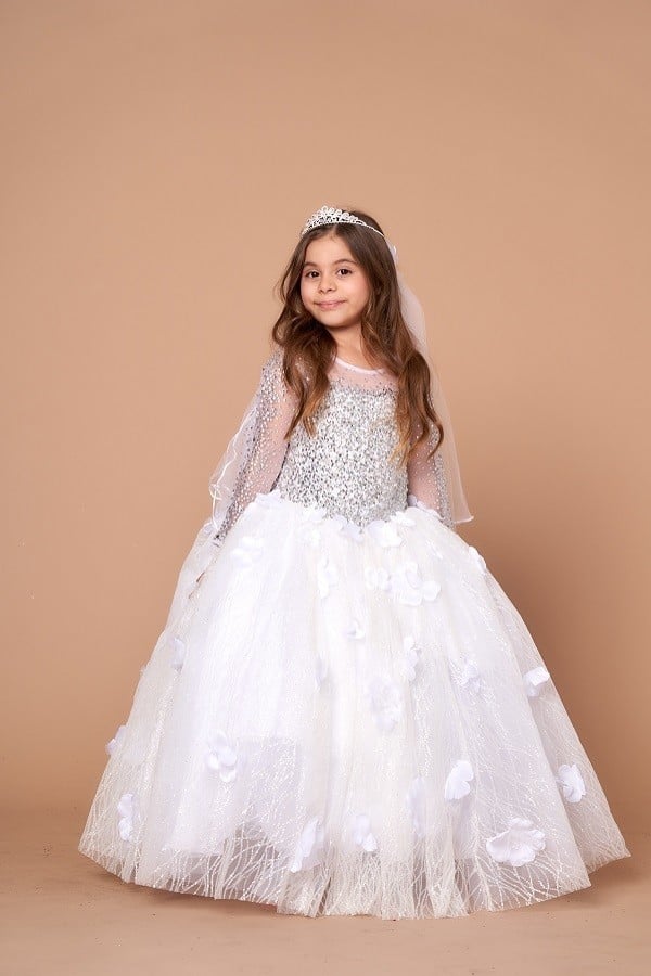 Calla Collection KY-231 white toddler dress showcasing a sheer illusion high-neckline overlay encrusted with premium crystal rhinestones above a voluminous crystal tulle skirt