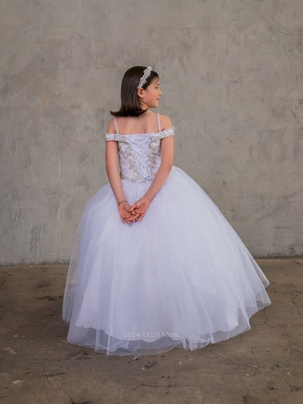 Raised white floral embroidery and light-catching pearl beads detailing the front panel of the Calla Collection KY-232 gown