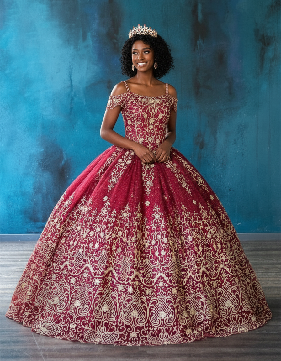 High-shimmer multi-layered glitter tulle skirt on Calla Collection KY-75110 pageant gown full length view