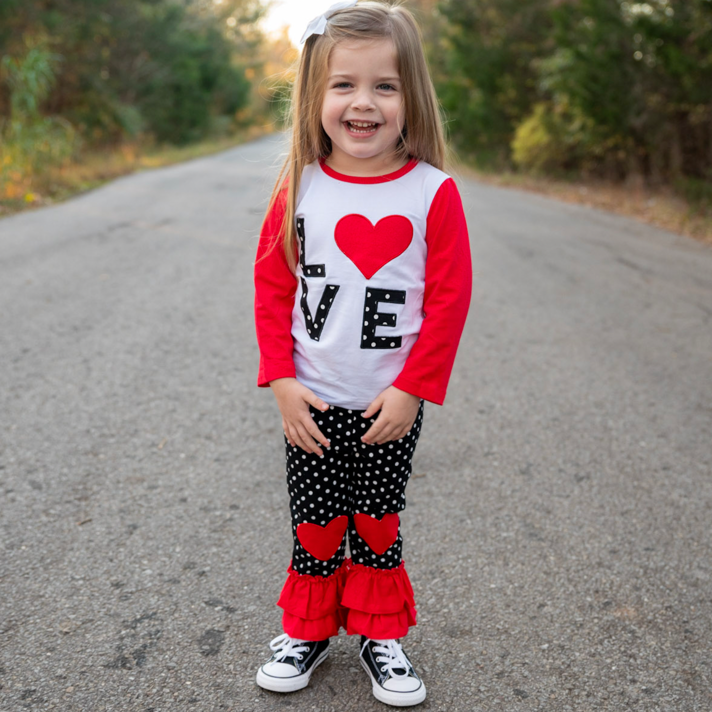 Toddler Girls Valentine's Day LOVE Long Sleeve T Shirt & Heart Ruffle Pants Set