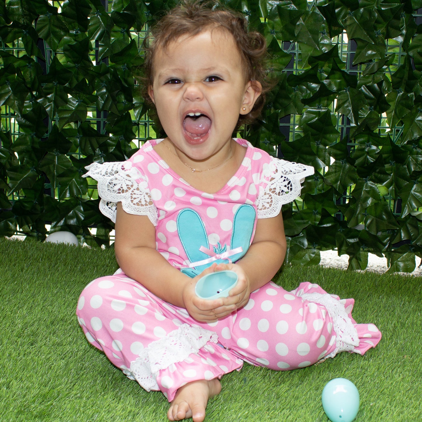 AL Limited Easter Bunny Baby Girls Polka Dot Lace Romper
