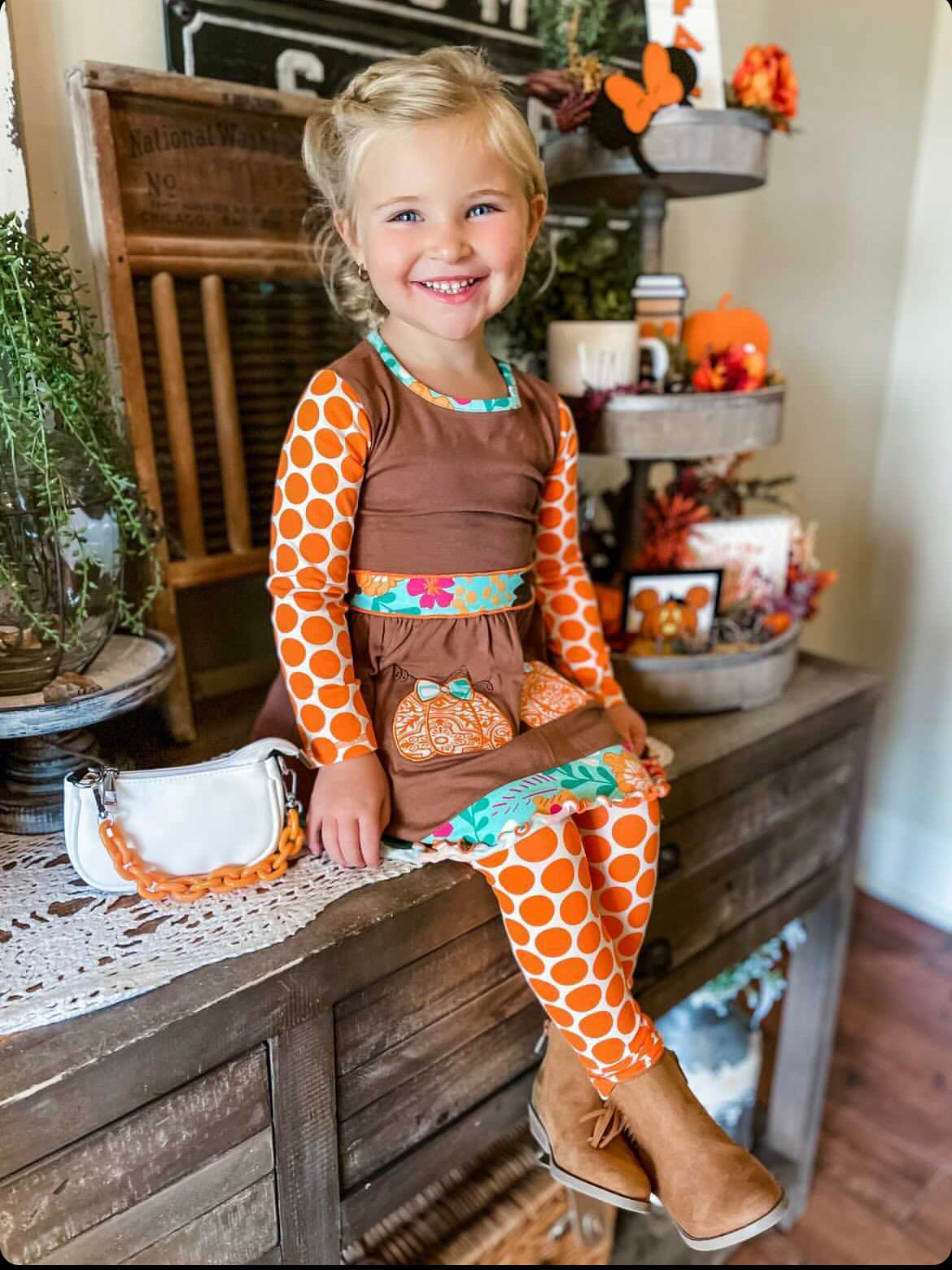 AnnLoren Girls Holiday Orange Pumpkin Patch Autumn Thanksgiving Dress & Leggings