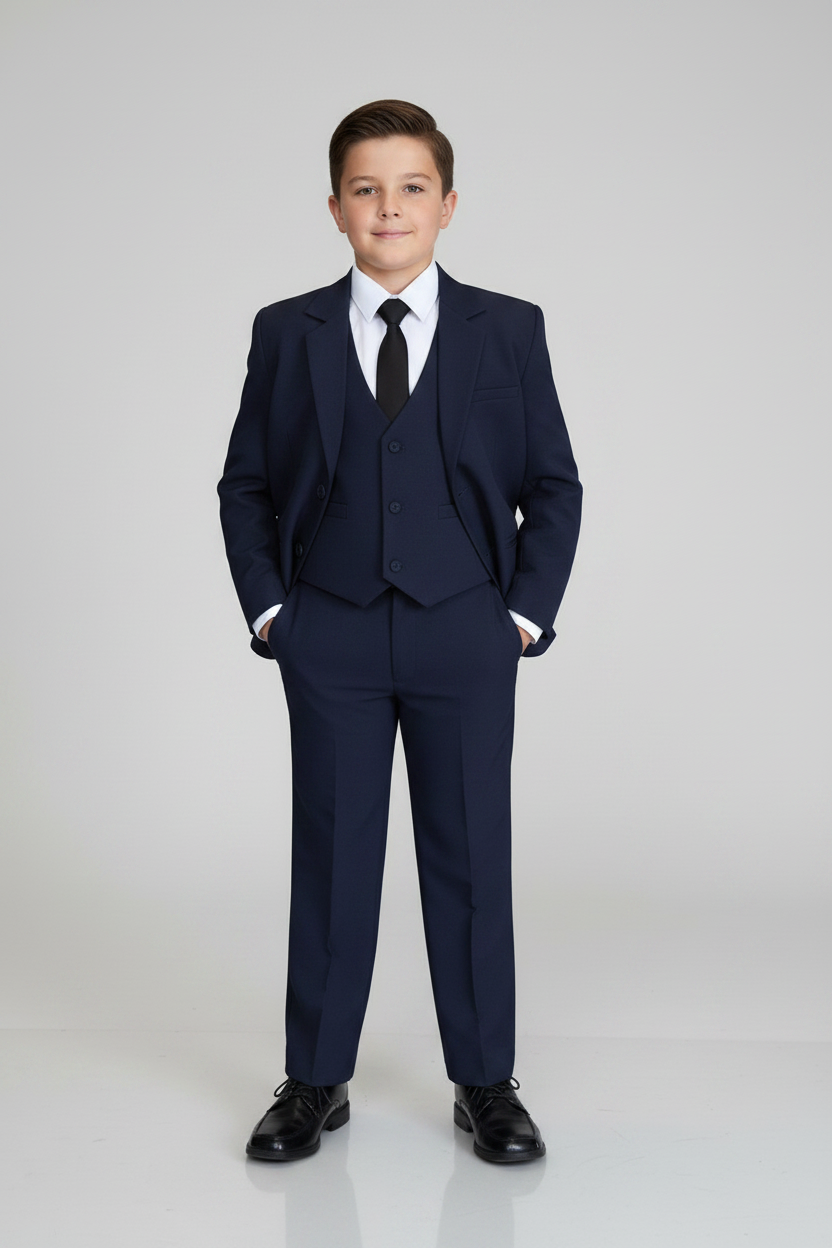 Calla Collection S-5005 boys black tie wedding guest suit with coordinated tie