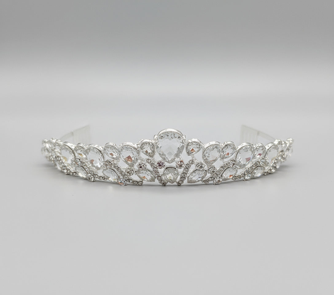 Silver Calla Collection Tiara TR-942 professional small stone crown with intricate design and sparkling accents, suitable for special occasions.