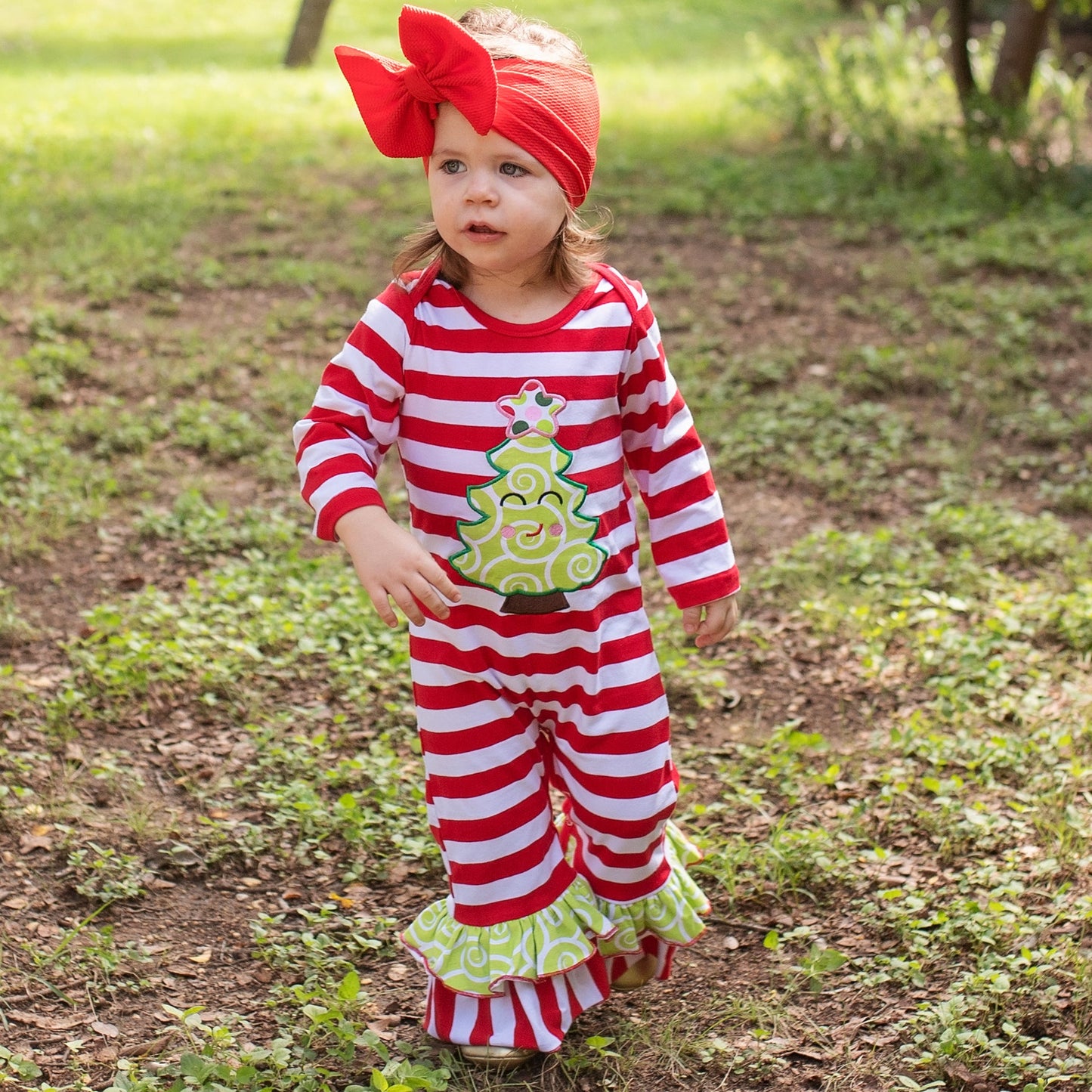 AnnLoren Baby Girls Boutique Happy Christmas Tree Red Striped Romper