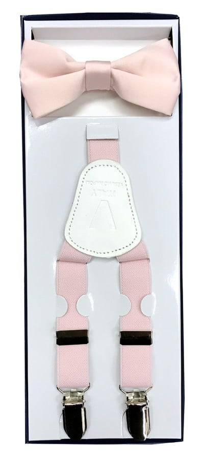 Boy wearing Calla Collection suspender set with suspenders and shirt, stylish boys' fashion outfit.