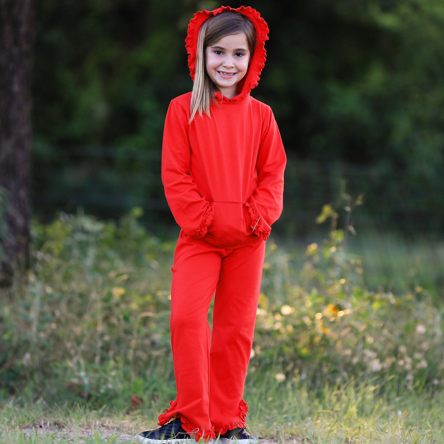 AnnLoren Girls Red Ruffle Hoodie 2 Pc Fashion Track Suit sz 9/10