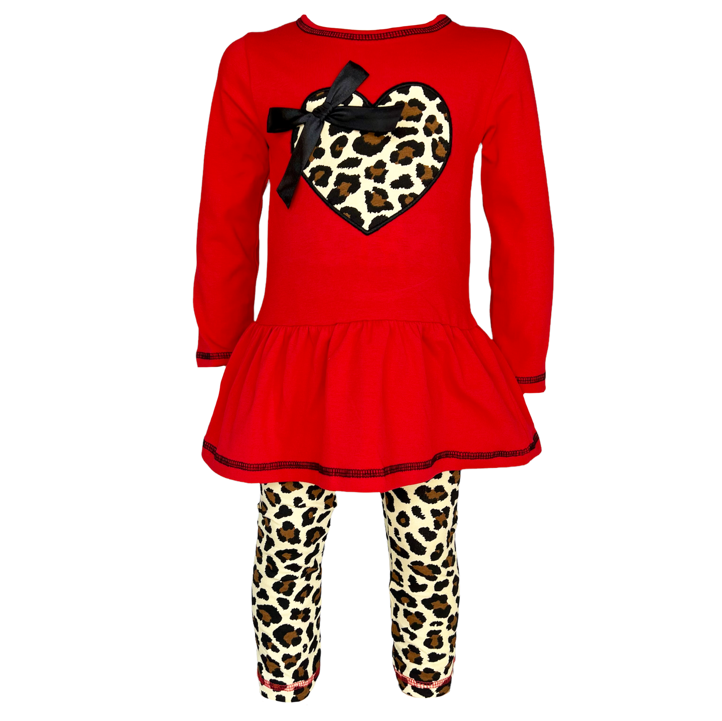 AnnLoren Girls Winter Leopard Heart Holiday Dress Tunic & Leggings Set Outfit