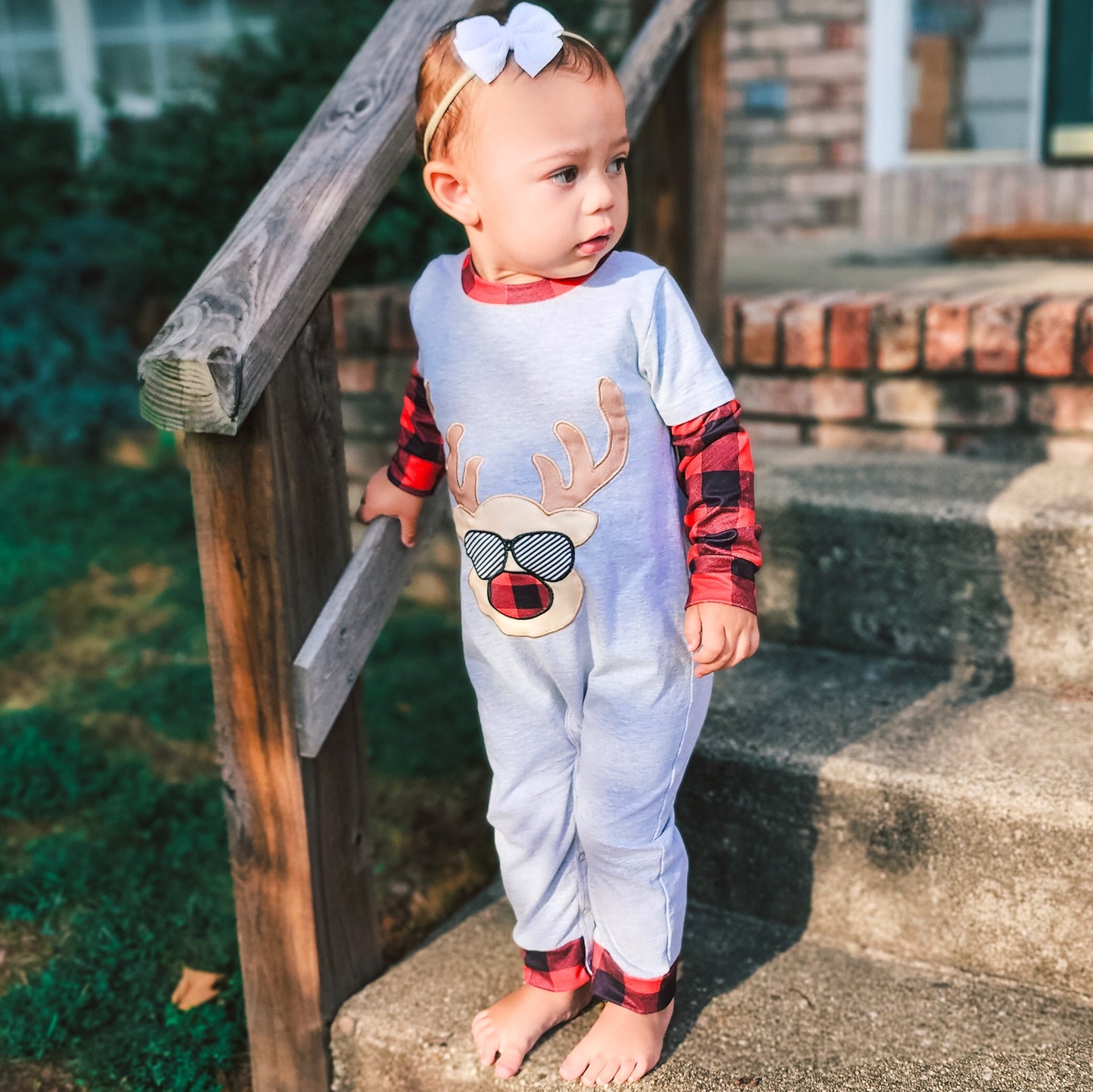 AnnLoren Baby Boys Unisex Holiday Christmas Reindeer Plaid Cotton Romper