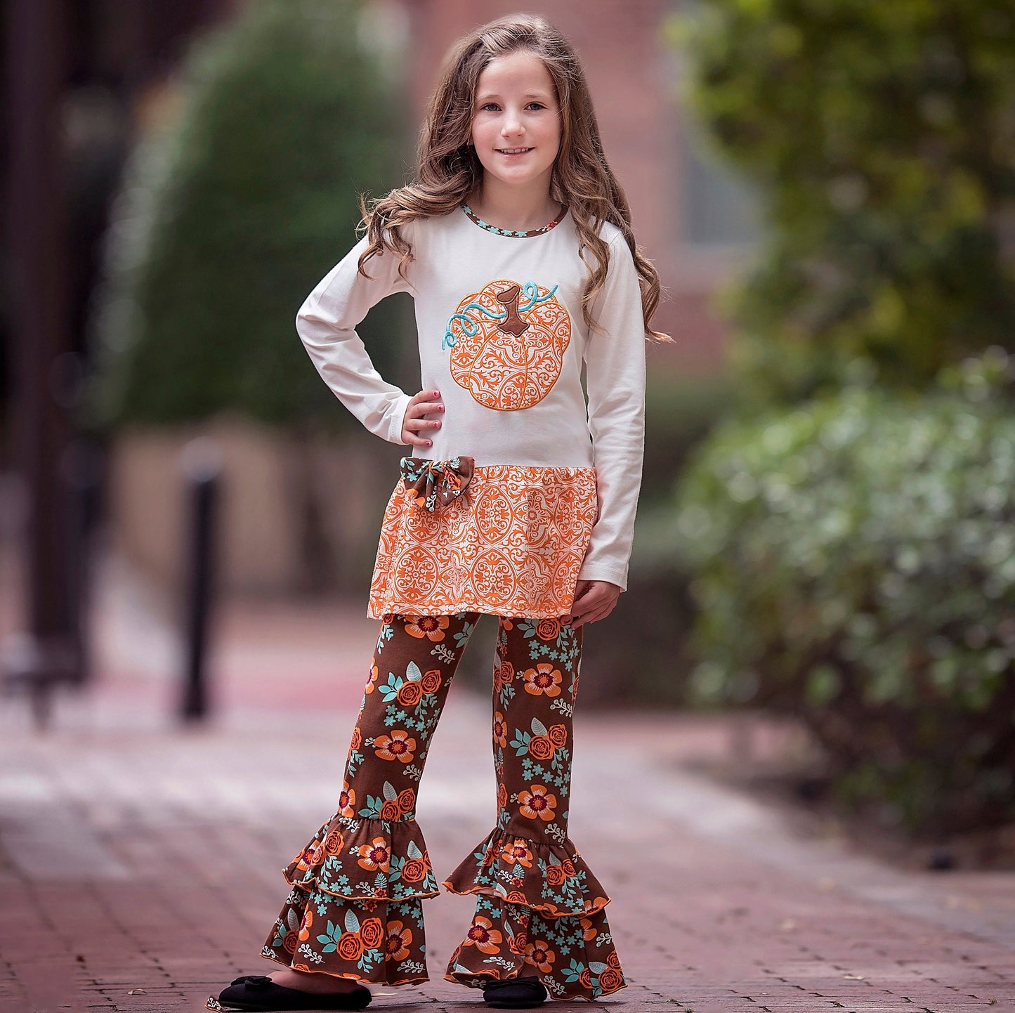 Big Girls Orange Pumpkin Autumn Floral Thanksgiving Tunic & Ruffle Pants Outfit
