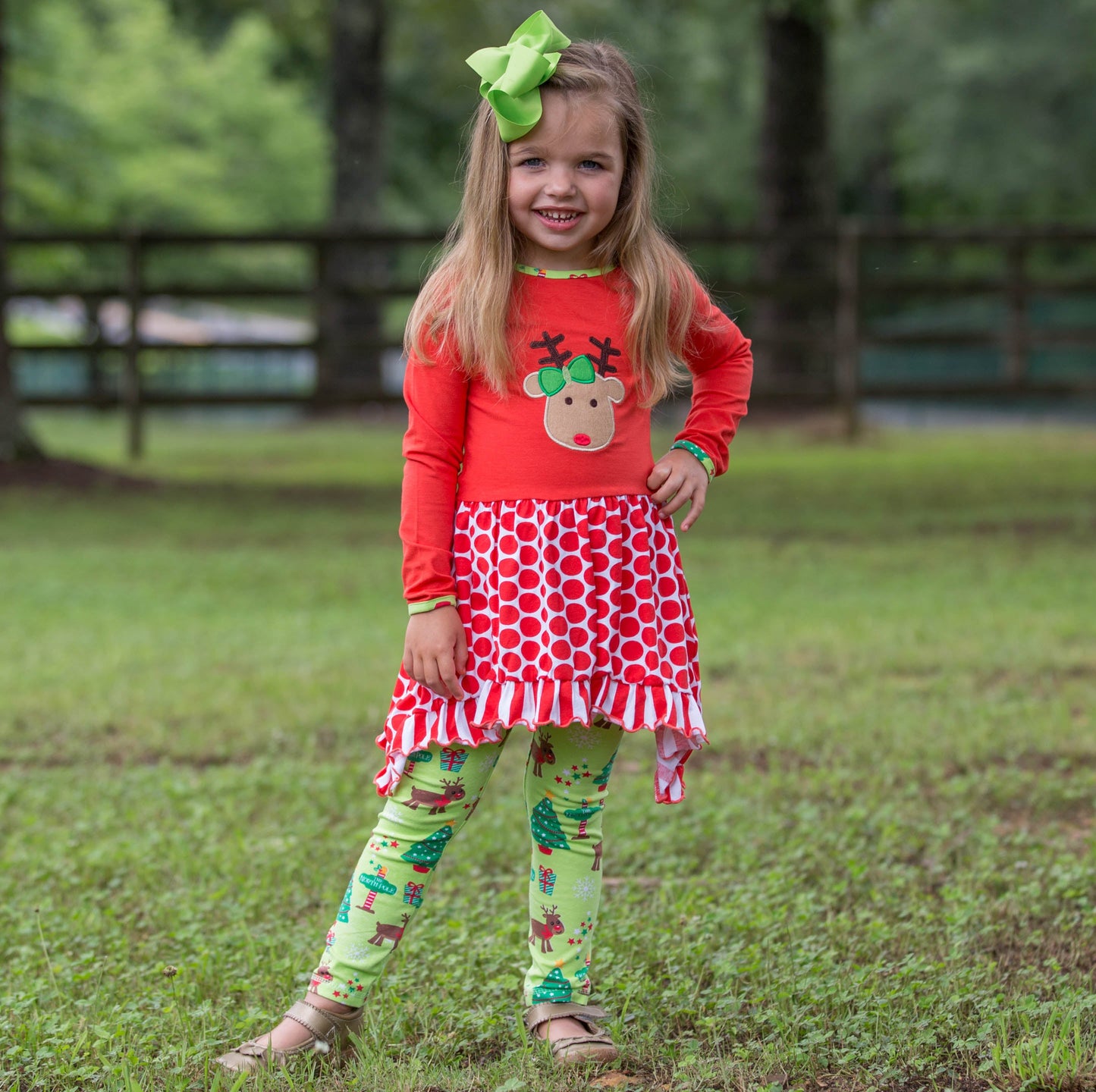 AnnLoren Girls Christmas Reindeer Tunic and Holiday Legging Set