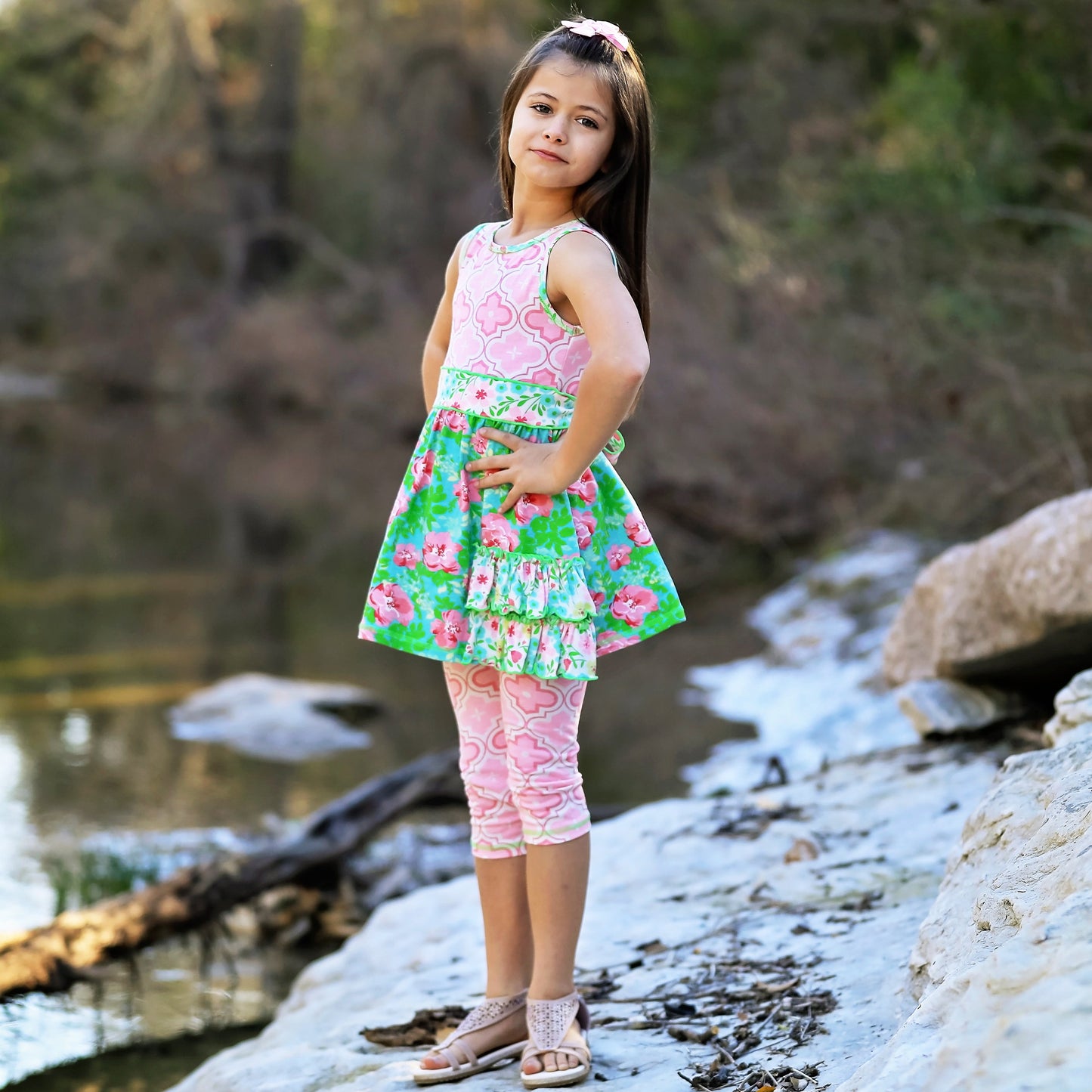 AnnLoren Little Toddler Big Girls' Floral Dress Leggings Boutique Clothing Set Spring Summer