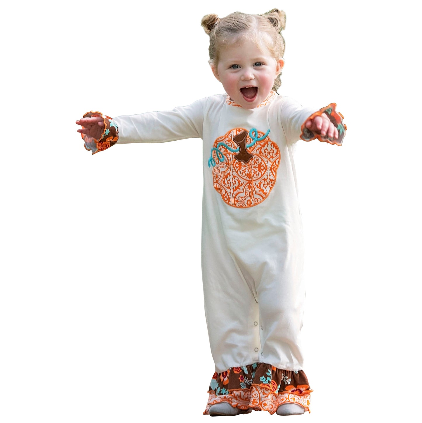 AnnLoren Baby Girls Thanksgiving Fall Orange Pumpkin Romper Size 6 Mo-24 Mo