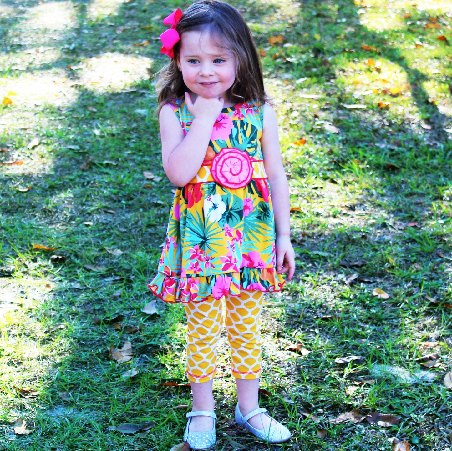 AnnLoren Big Little Girls Hawaiian Hibiscus Tropical Floral Dress & Yellow Leggings Boutique Set