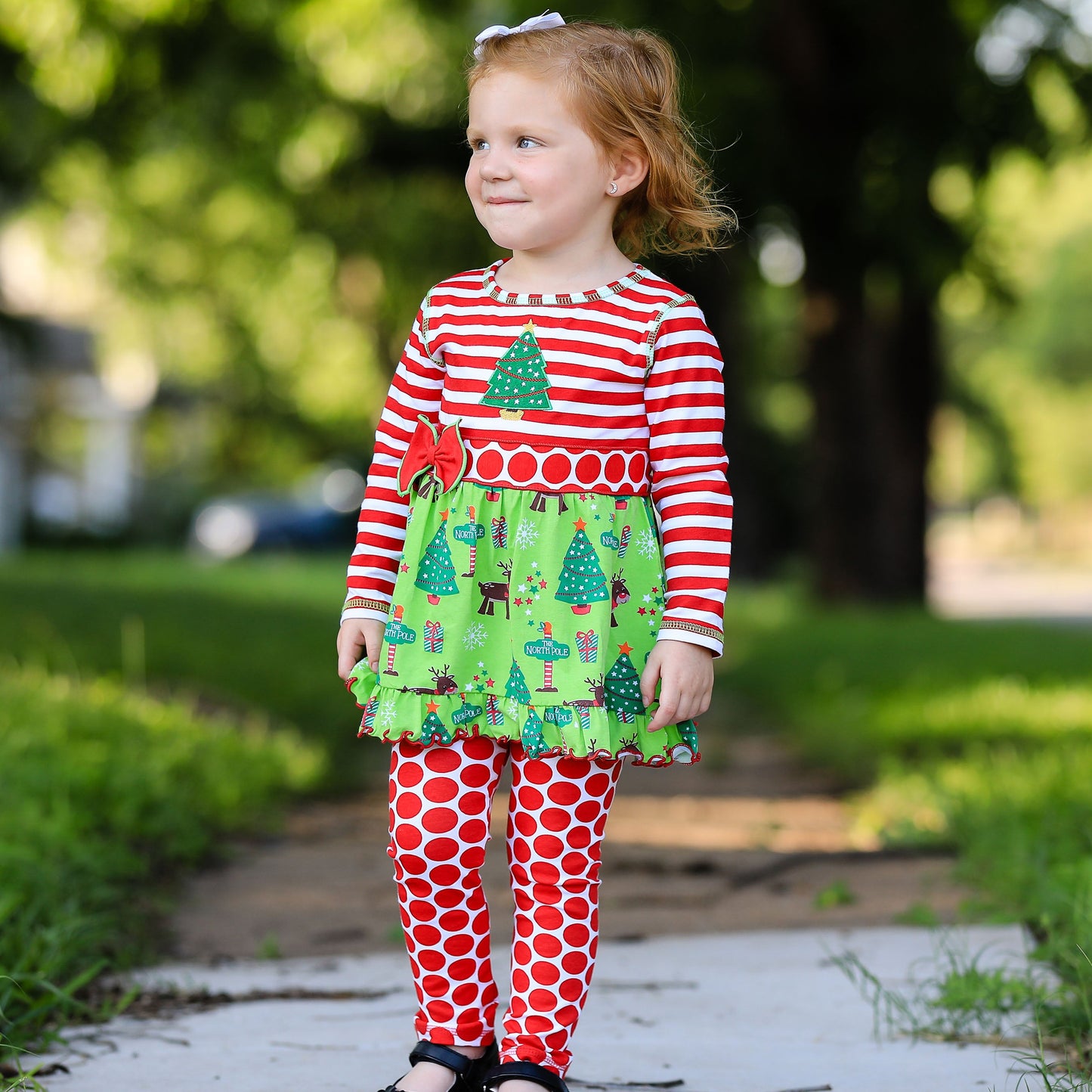 AnnLoren Girls Boutique Christmas Holiday Dress and Polka Dot Legging Set