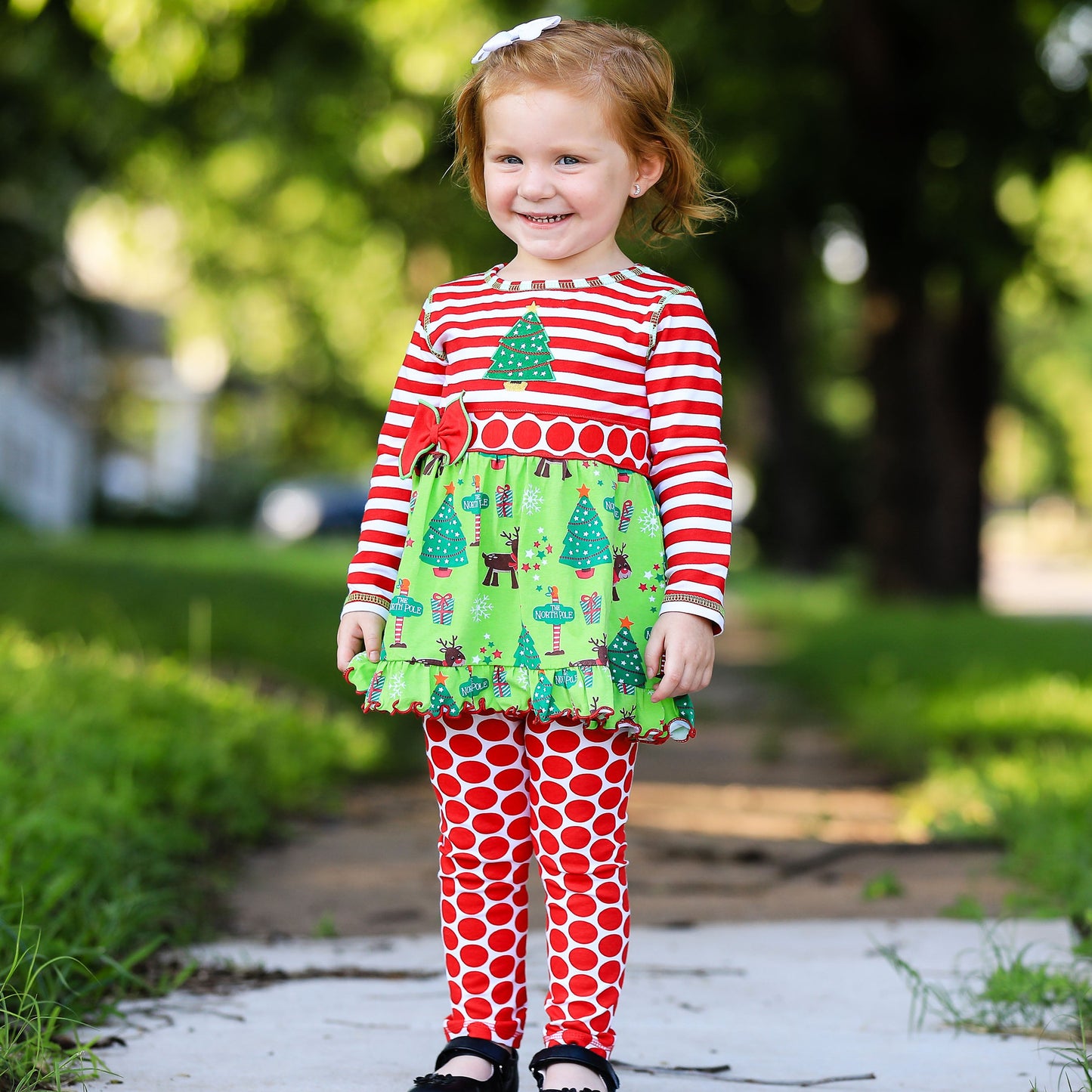 AnnLoren Girls Boutique Christmas Holiday Dress and Polka Dot Legging Set