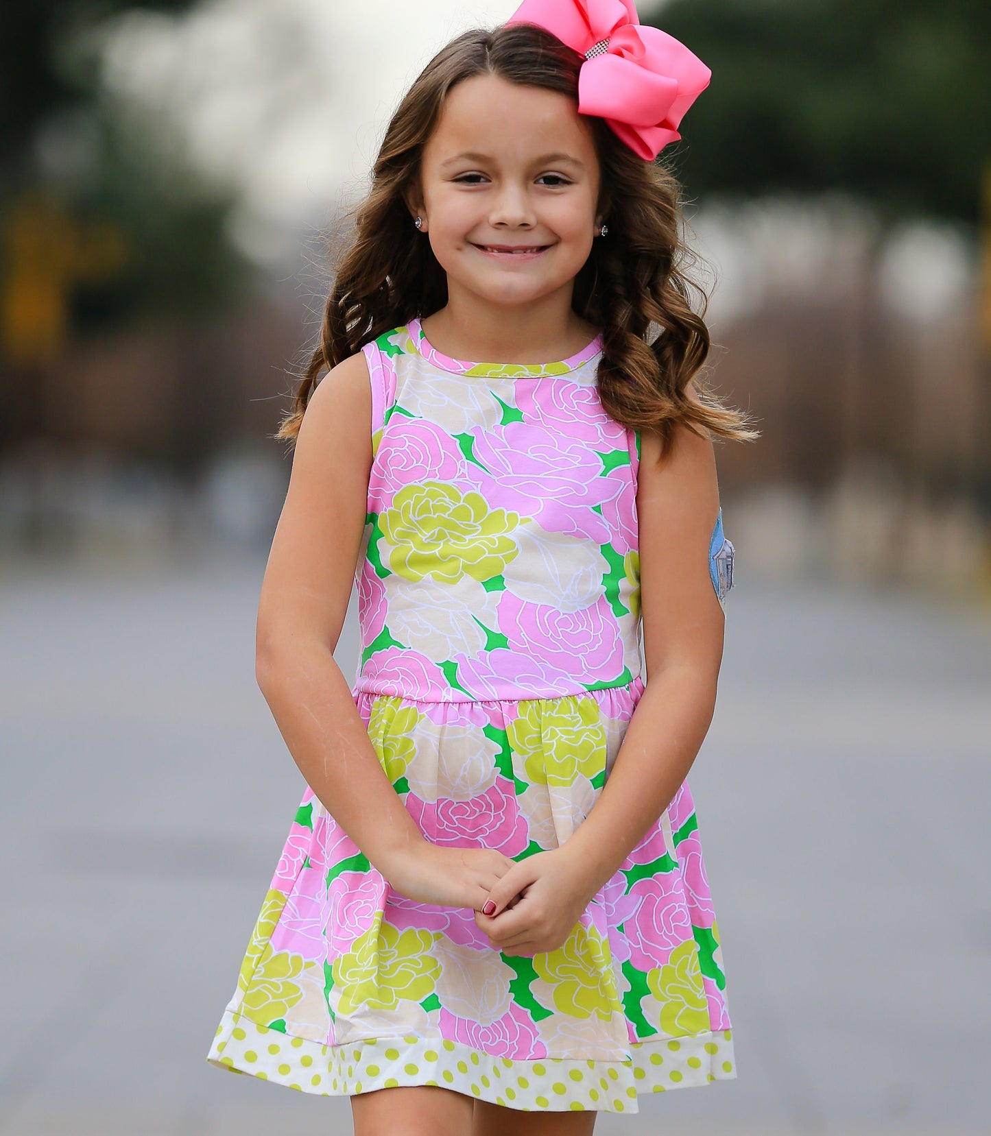 AnnLoren Spring Big Little Girls Pink Green Boutique Bouquet Floral Knit Swing Casual Dress