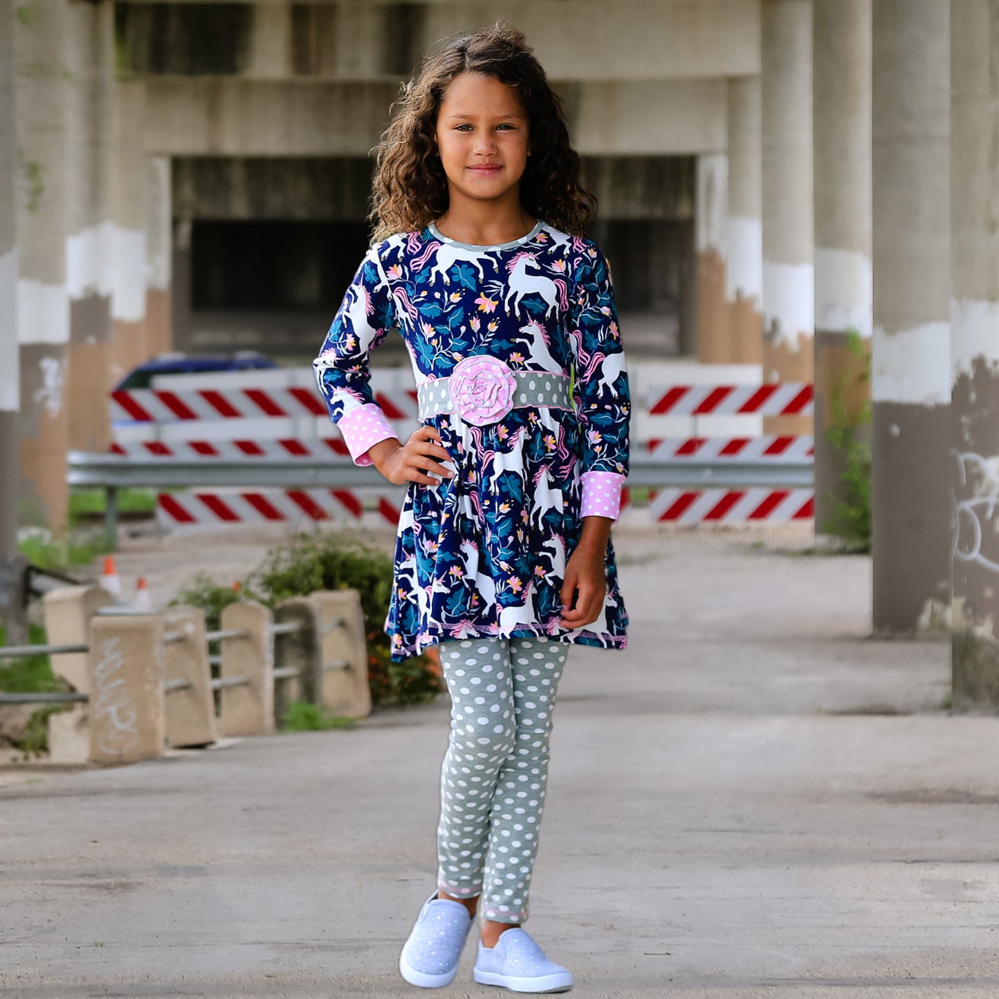 AnnLoren Baby Big Girls Original Unicorn Polka Dot Cotton Winter Dress Leggings Set sz 2/3T-9/10