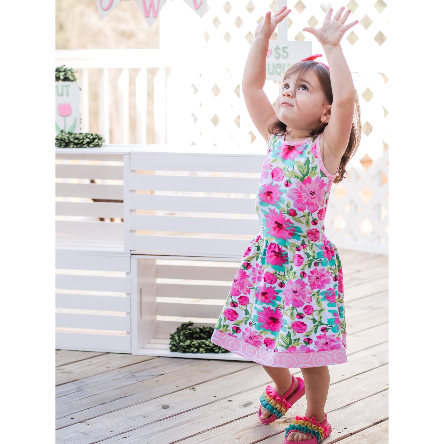 AnnLoren Little & Big Girls Spring Summer Floral Sleeveless Boutique Cotton Knit Dress