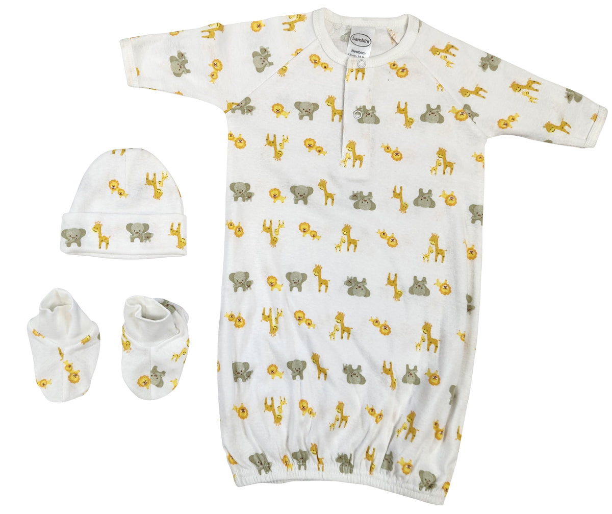 Newborn Baby Boy, Baby Girl, Unisex Infant Gown, Caps, Booties - 3 pc Set NC_0252