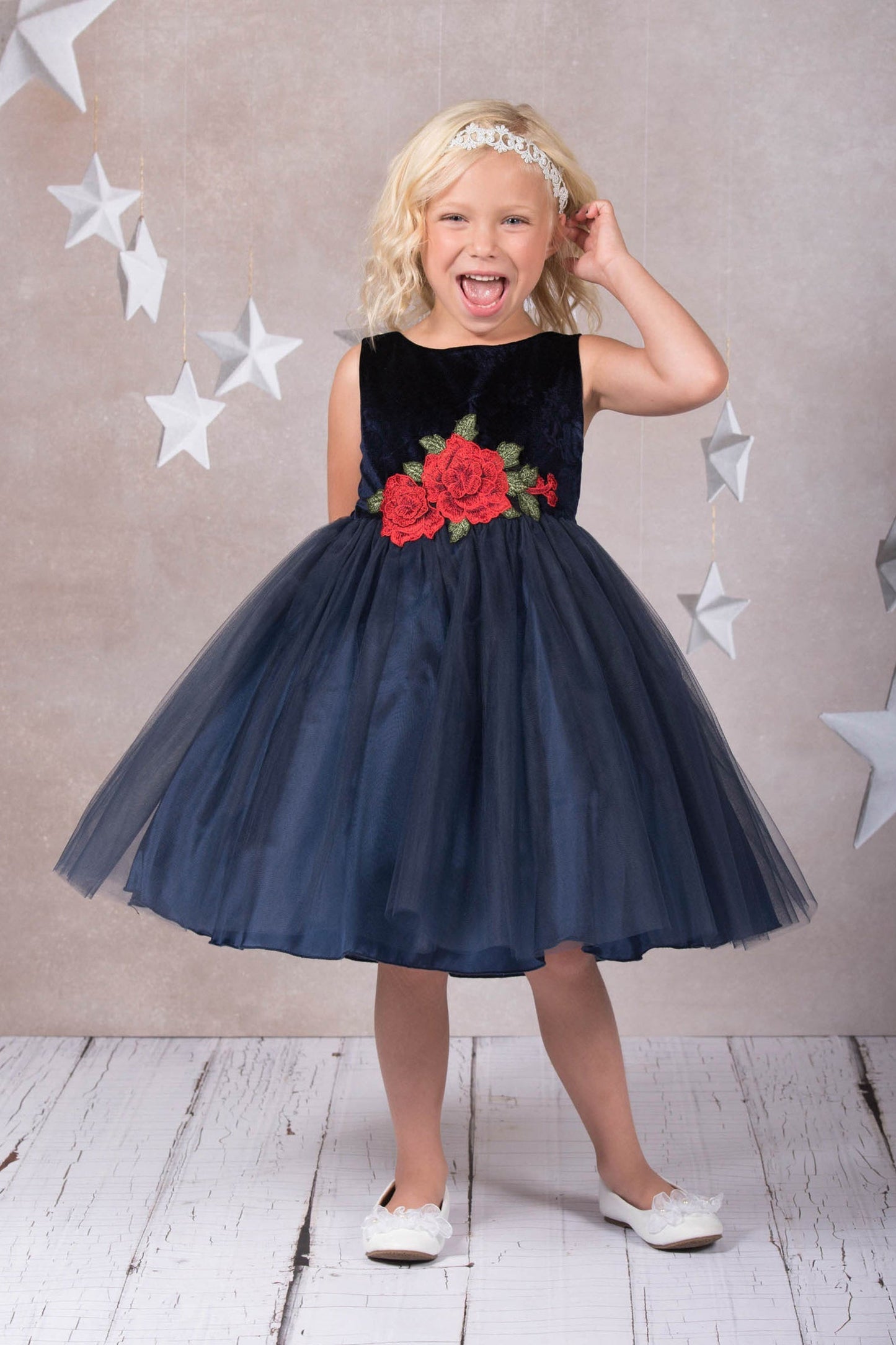 396- Velvet Rose Patch Girl Dress